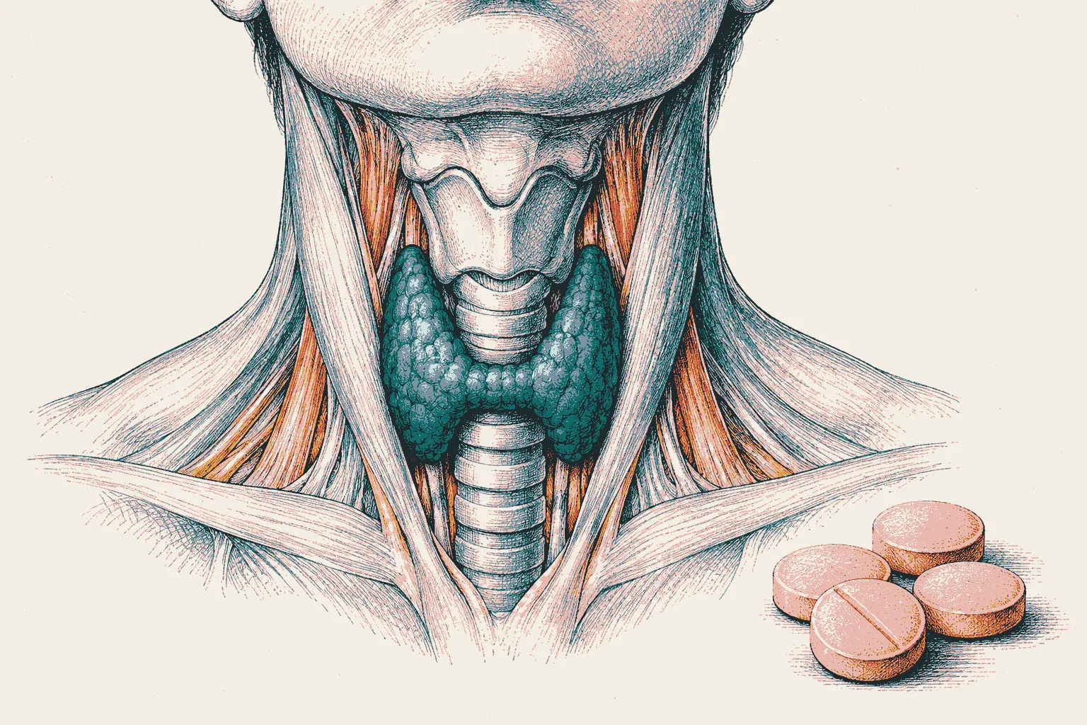 Illustration: anatomical sketch of the neck showing the butterfly-shaped thyroid gland over the windpipe, with pale pink carbimazole tablets.